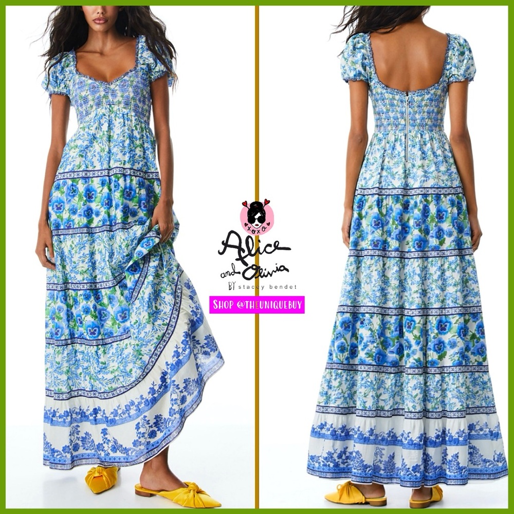 Alice + Olivia Rosalyn Floral Puff Sleeve Blue Maxi Dress - Picture 6 of 16